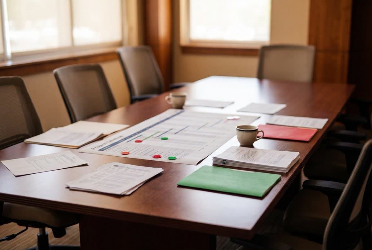 A project timeline chart with milestone markers laid out on the boardroom table.